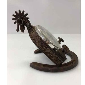 Vintage Equestrian Mantel or Table Clock Cast Metal Spur & Horseshoe